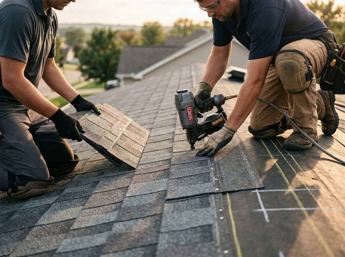 Professional roofer working on a residential roof in Lafayette
